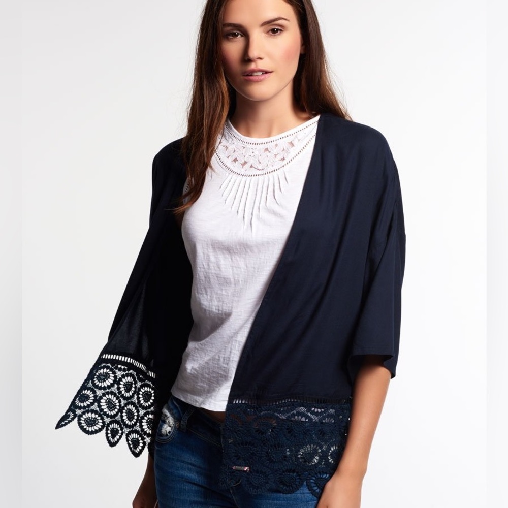 Superdry Kimono Cardigan Women’s Size Small, Navy with lace bottom